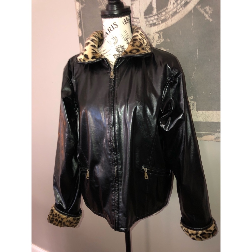 Black faux patent leather w/leopard trim jacket